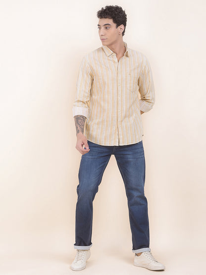 Men's Yellow Striped Slim Fit Full Sleeve Casual Shirt