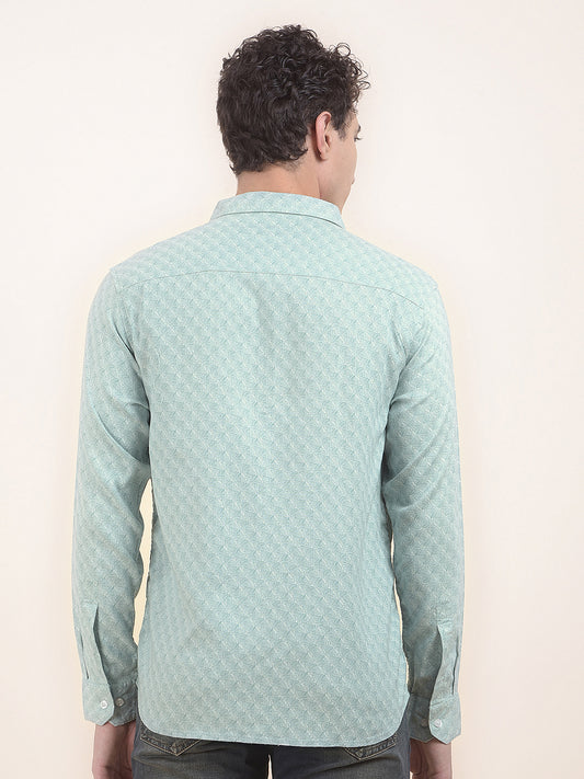 Men's Green Printed Slim Fit Full Sleeve Casual Shirt