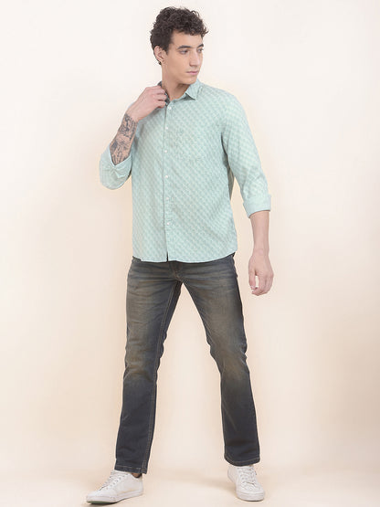 Men's Green Printed Slim Fit Full Sleeve Casual Shirt