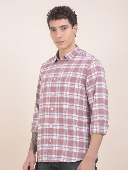Men's Mauve Checkered Slim Fit Full Sleeve Casual Shirt