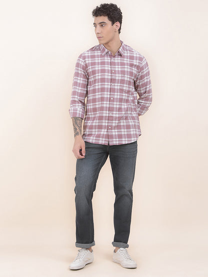Men's Mauve Checkered Slim Fit Full Sleeve Casual Shirt