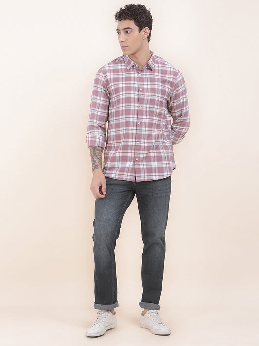 Men's Mauve Checkered Slim Fit Full Sleeve Casual Shirt