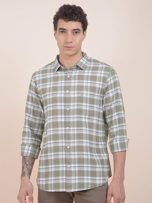 Men's Olive Checkered Slim Fit Full Sleeve Casual Shirt