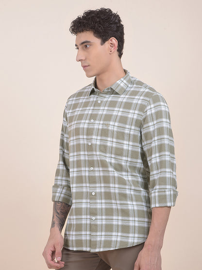 Men's Olive Checkered Slim Fit Full Sleeve Casual Shirt