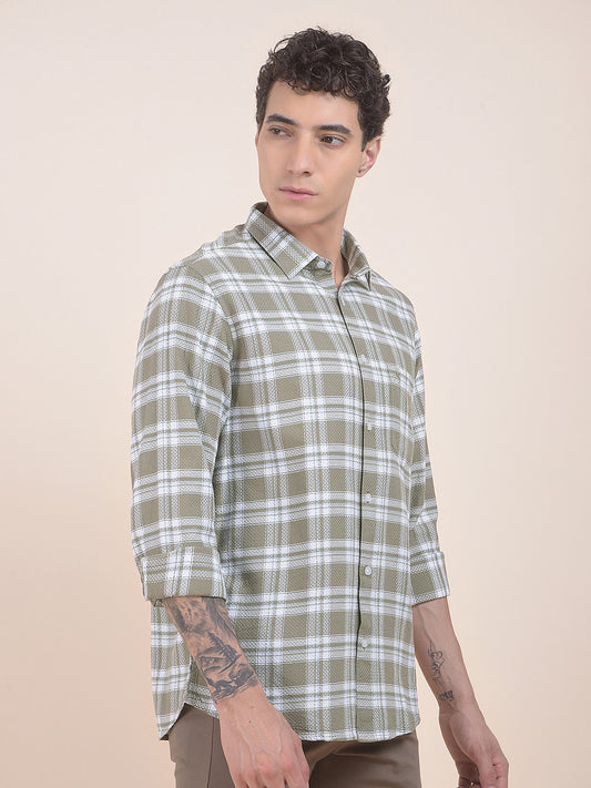 Men's Olive Checkered Slim Fit Full Sleeve Casual Shirt