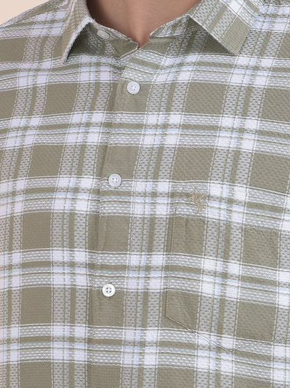Men's Olive Checkered Slim Fit Full Sleeve Casual Shirt