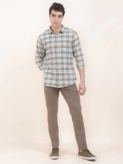 Men's Olive Checkered Slim Fit Full Sleeve Casual Shirt
