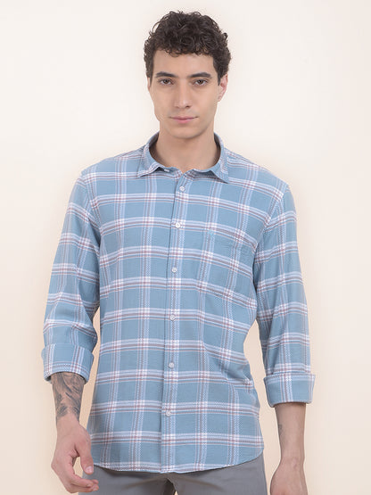 Men's Teal Checkered Slim Fit Full Sleeve Casual Shirt