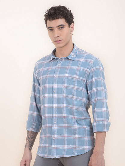 Men's Teal Checkered Slim Fit Full Sleeve Casual Shirt