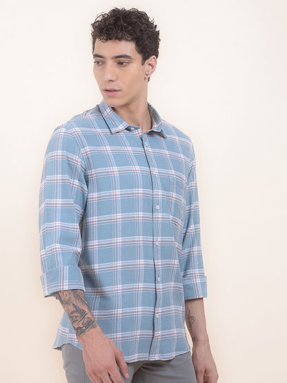 Men's Teal Checkered Slim Fit Full Sleeve Casual Shirt