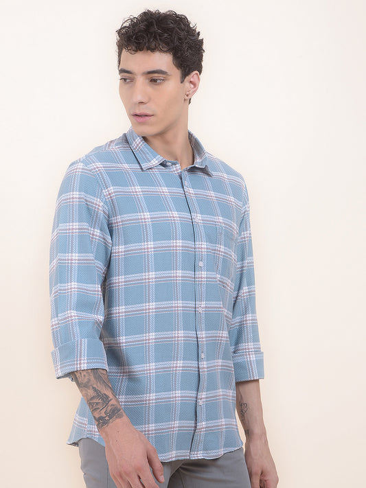 Men's Teal Checkered Slim Fit Full Sleeve Casual Shirt