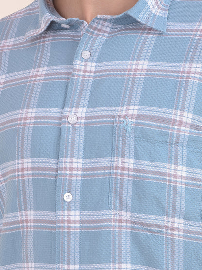 Men's Teal Checkered Slim Fit Full Sleeve Casual Shirt