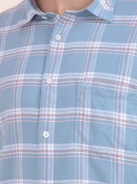 Men's Teal Checkered Slim Fit Full Sleeve Casual Shirt