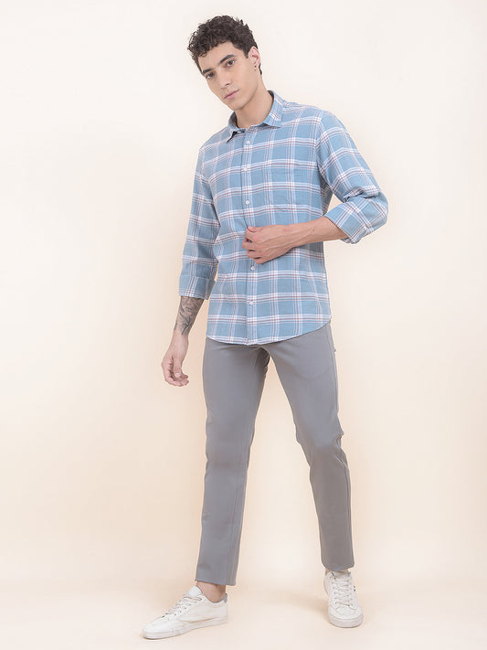 Men's Teal Checkered Slim Fit Full Sleeve Casual Shirt