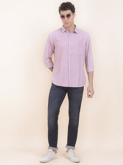Men's Pink Checkered Slim Fit Full Sleeve Casual Shirt