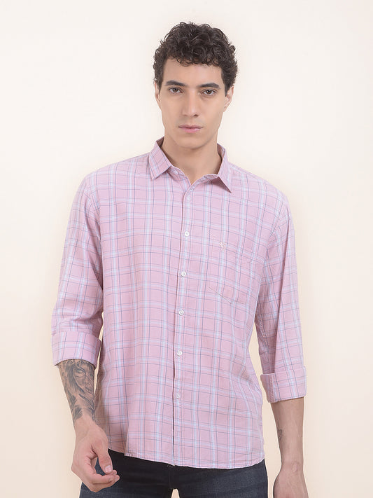 Men's Pink Checkered Slim Fit Full Sleeve Casual Shirt