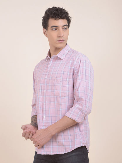 Men's Pink Checkered Slim Fit Full Sleeve Casual Shirt
