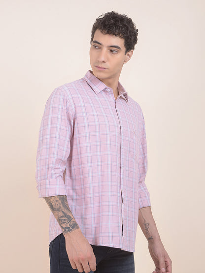 Men's Pink Checkered Slim Fit Full Sleeve Casual Shirt