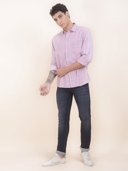 Men's Pink Checkered Slim Fit Full Sleeve Casual Shirt