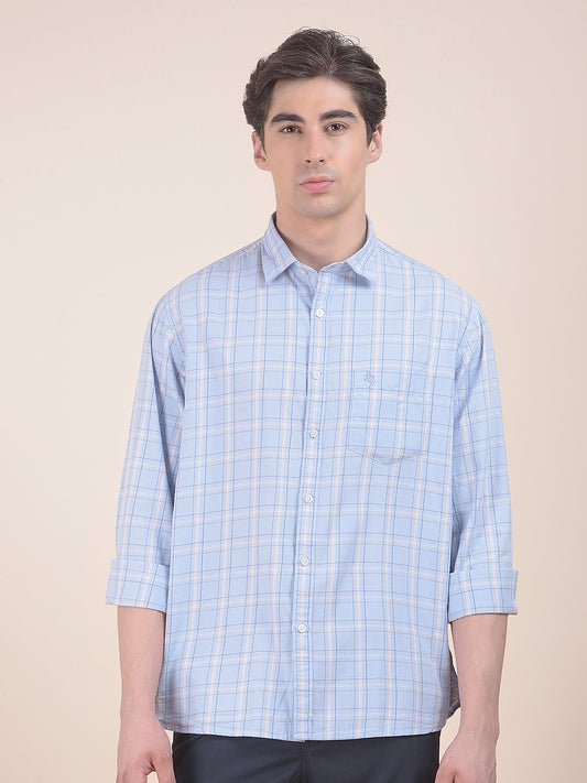 Men's Skyblue Checkered Slim Fit Full Sleeve Casual Shirt