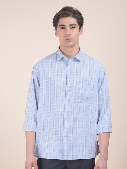 Men's Sky Blue Checkered Slim Fit Full Sleeve Casual Shirt