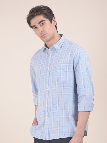 Men's Skyblue Checkered Slim Fit Full Sleeve Casual Shirt