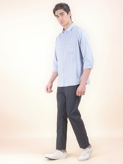 Men's Sky Blue Checkered Slim Fit Full Sleeve Casual Shirt
