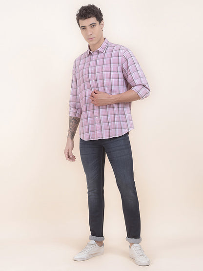 Men's Pink Checkered Slim Fit Full Sleeve Casual Shirt