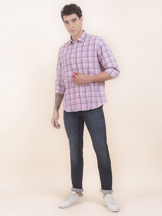 Men's Pink Checkered Slim Fit Full Sleeve Casual Shirt