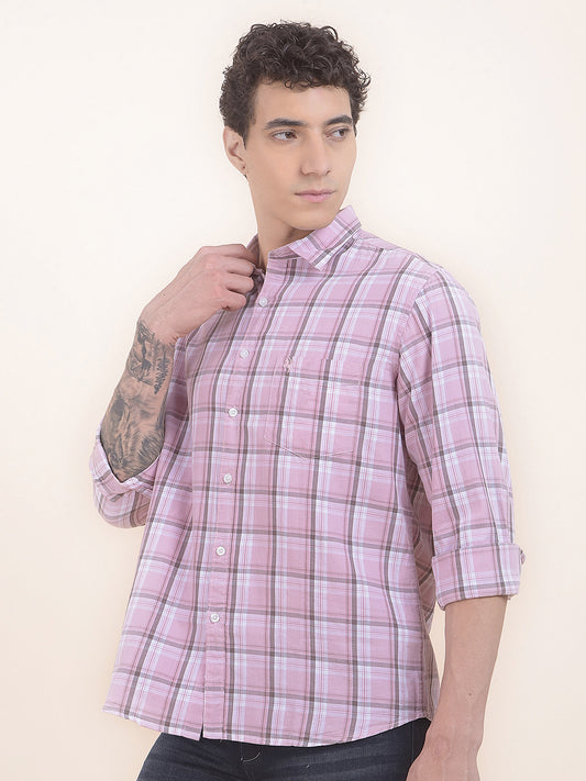 Men's Pink Checkered Slim Fit Full Sleeve Casual Shirt