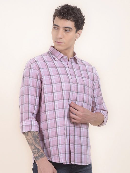Men's Pink Checkered Slim Fit Full Sleeve Casual Shirt