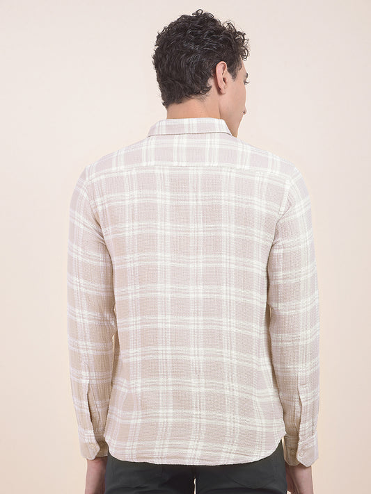 Men's Beige Checkered Slim Fit Full Sleeve Casual Shirt