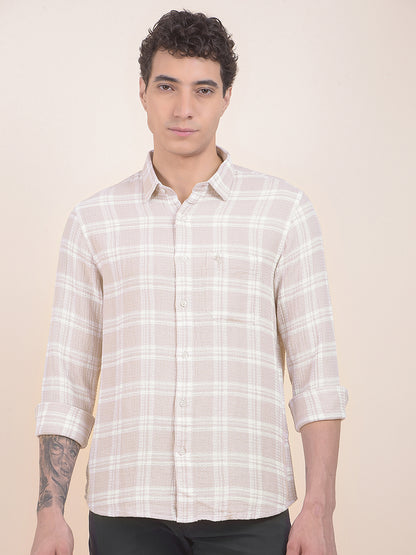 Men's Beige Checkered Slim Fit Full Sleeve Casual Shirt