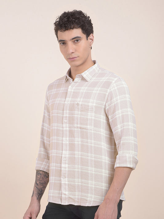 Men's Beige Checkered Slim Fit Full Sleeve Casual Shirt