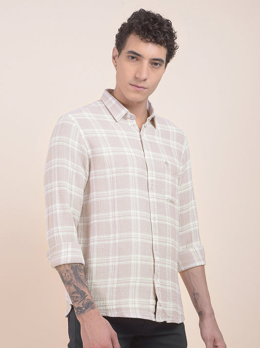 Men's Beige Checkered Slim Fit Full Sleeve Casual Shirt