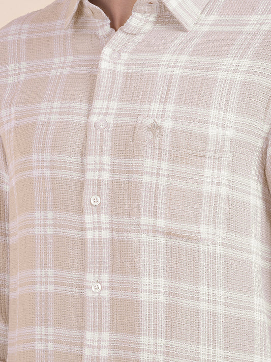 Men's Beige Checkered Slim Fit Full Sleeve Casual Shirt