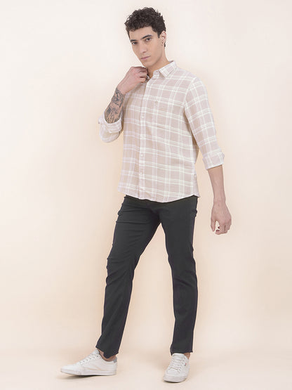 Men's Beige Checkered Slim Fit Full Sleeve Casual Shirt