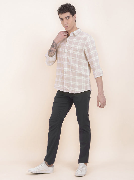 Men's Beige Checkered Slim Fit Full Sleeve Casual Shirt