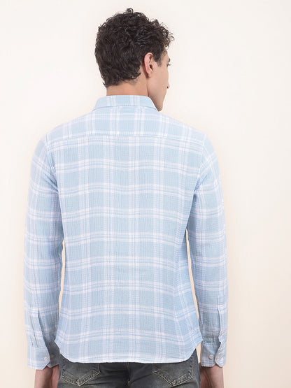 Men's Sky Blue Checkered Slim Fit Full Sleeve Casual Shirt