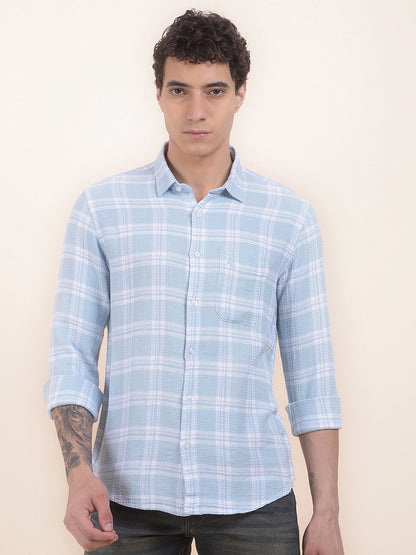 Men's Sky Blue Checkered Slim Fit Full Sleeve Casual Shirt