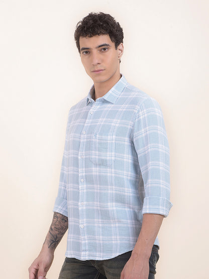 Men's Sky Blue Checkered Slim Fit Full Sleeve Casual Shirt