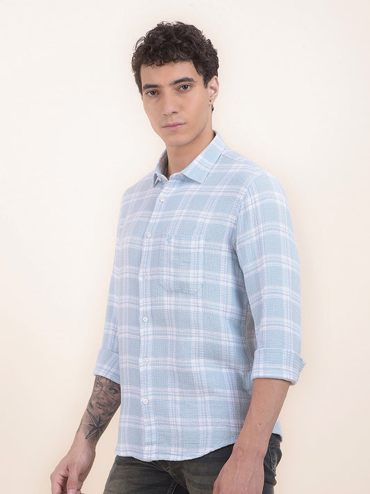 Men's Sky Blue Checkered Slim Fit Full Sleeve Casual Shirt