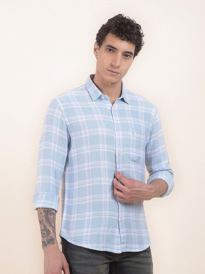Men's Sky Blue Checkered Slim Fit Full Sleeve Casual Shirt
