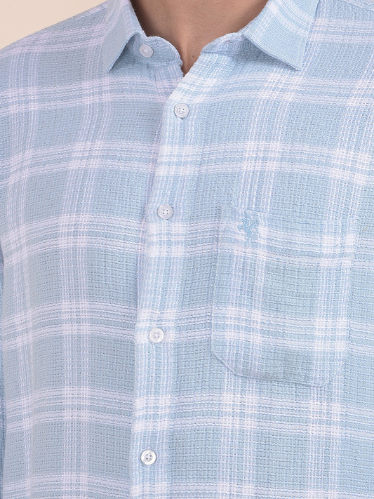 Men's Sky Blue Checkered Slim Fit Full Sleeve Casual Shirt