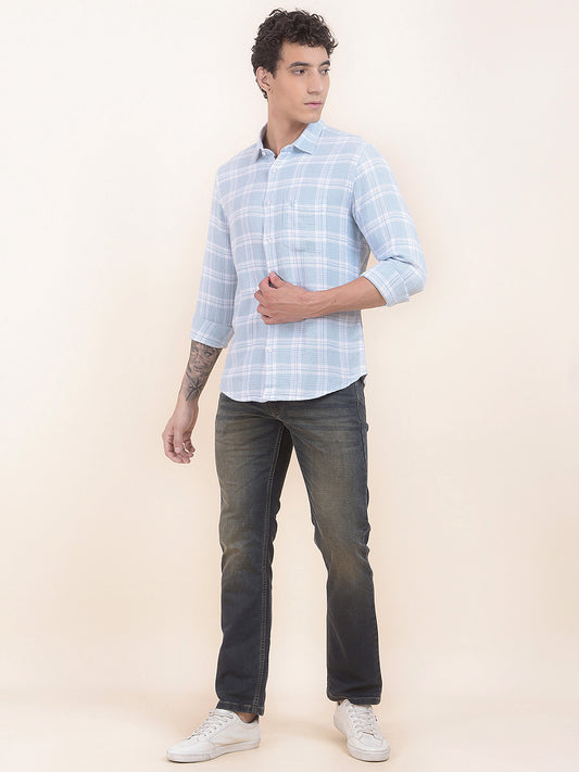 Men's Sky Blue Checkered Slim Fit Full Sleeve Casual Shirt