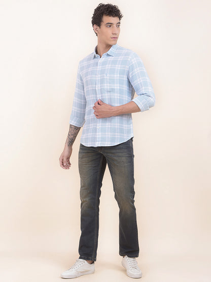 Men's Sky Blue Checkered Slim Fit Full Sleeve Casual Shirt