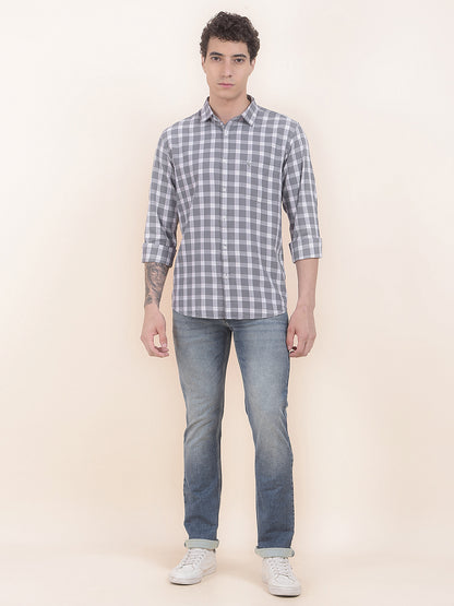 Men's Grey Checkered Slim Fit Full Sleeve Casual Shirt