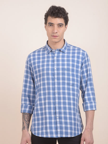 Men's Sky Blue Checkered Slim Fit Full Sleeve Casual Shirt