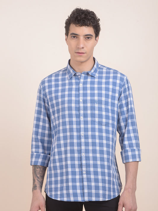 Men's Sky Blue Checkered Slim Fit Full Sleeve Casual Shirt