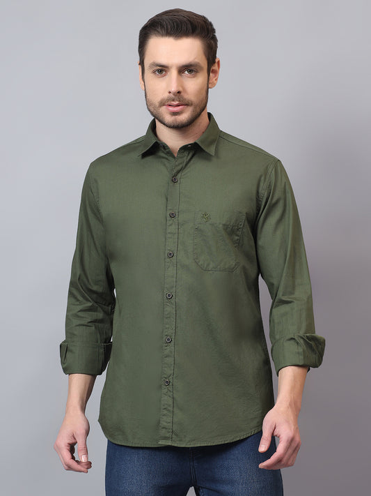 Men's Olive Solid Slim Fit Full Sleeve Casual Shirt